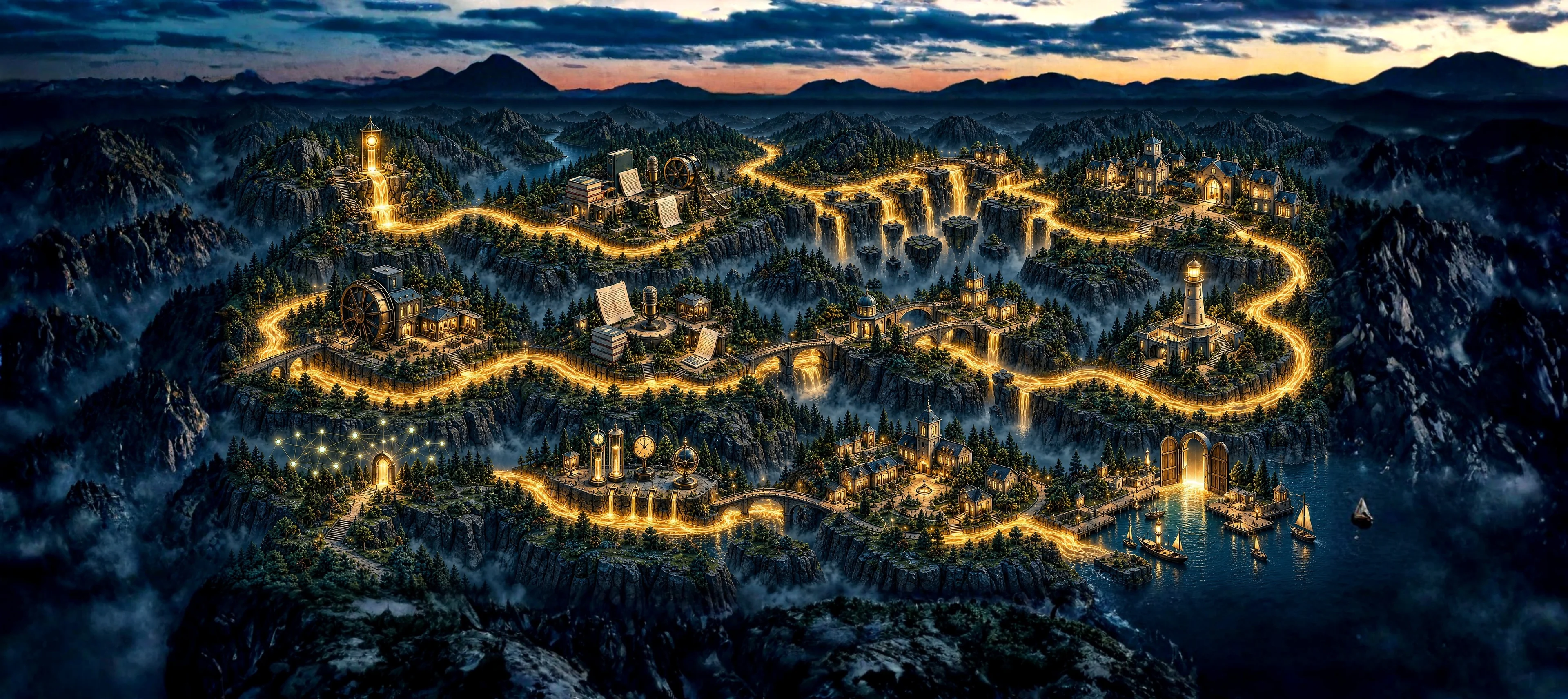 A golden river connects twelve miniature landscapes, from a source and scattered business artefacts to workshops, bridges and a thriving harbour.